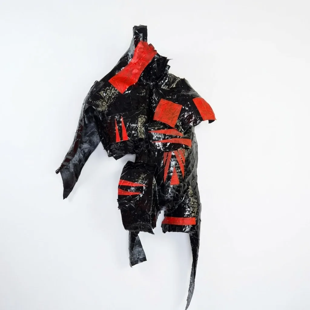 A black and red sculptural wall piece