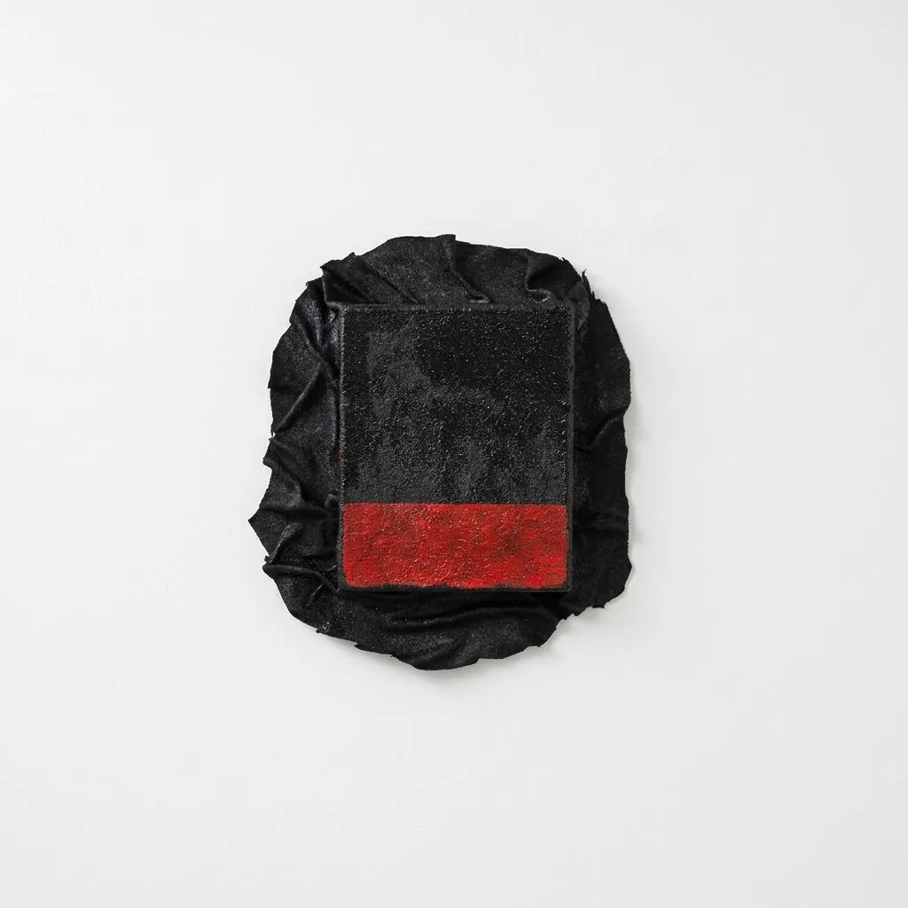 A black textured wall piece with a red band