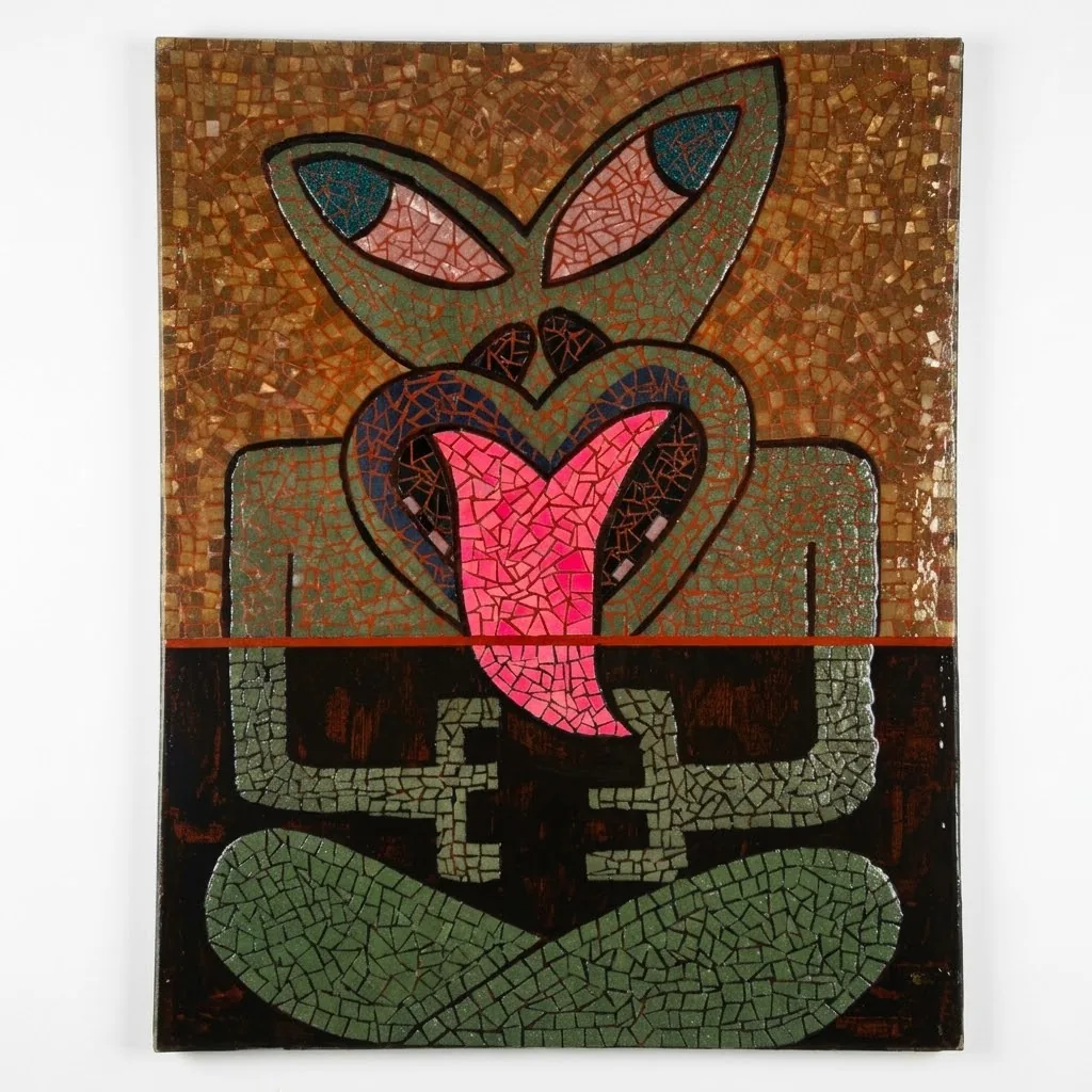 Mosaic of a figure with a pink heart-shaped tongue, in green, gold and red tile