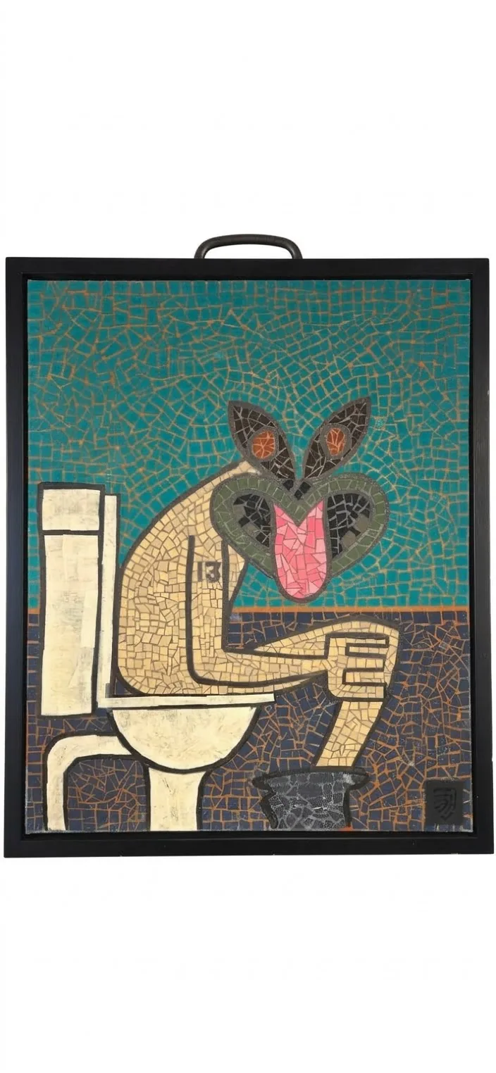 Framed mosaic of a seated figure on a teal ground