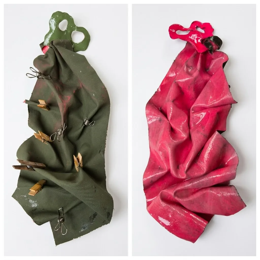 Two wall pieces, one olive green with brass fittings, one pink